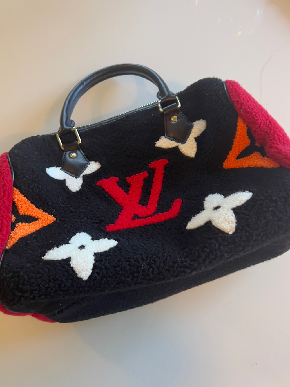 LV Black Shearling Monogram Satchel with Red & Orange Accents